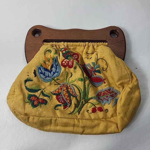 Womens Purse Wooden Handle Flower Embroidery Sewing Knitting Vintage Handbag - Picture 2 of 9